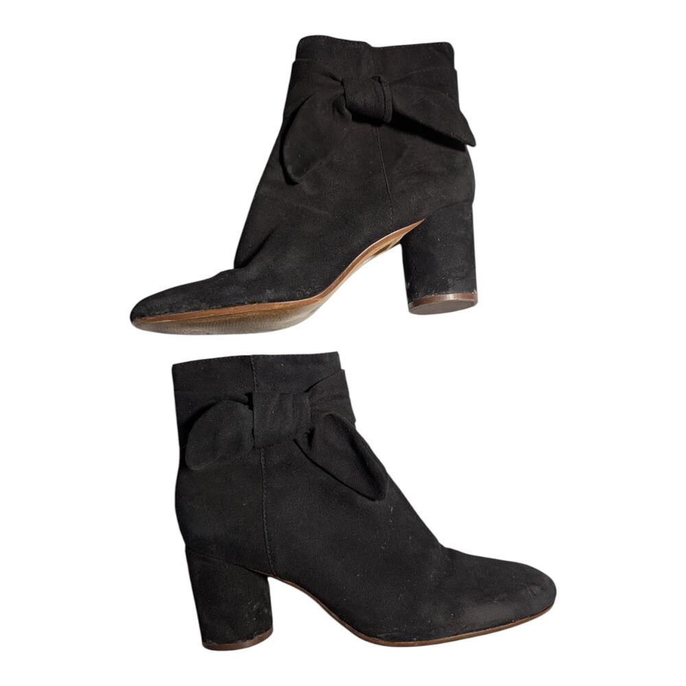 Madewell Esme Black Suede Bow Accent Block Heel Almond Toe Ankle Boots Sz 9